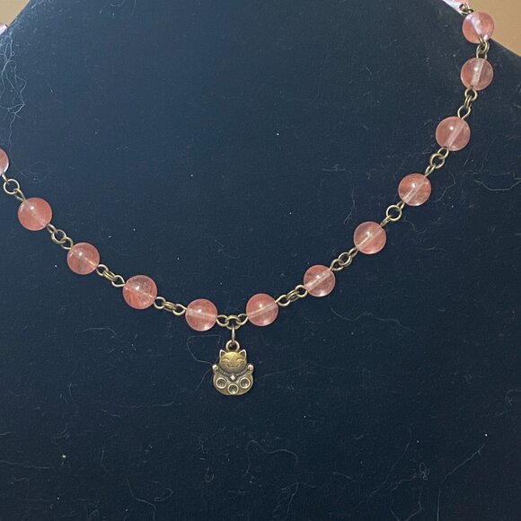 Cute Cherry Quartz Bronze Fortune Cat Adjustable Pendant Choker - Picture 3 of 16